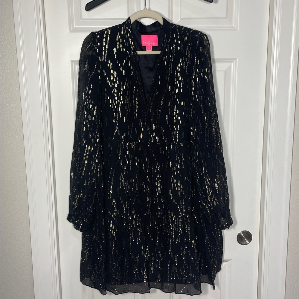Lilly Pulitzer Winona Silk Dress Size XL Swing Onyx Fish Clip Gold Chiffon Black - Picture 10 of 17